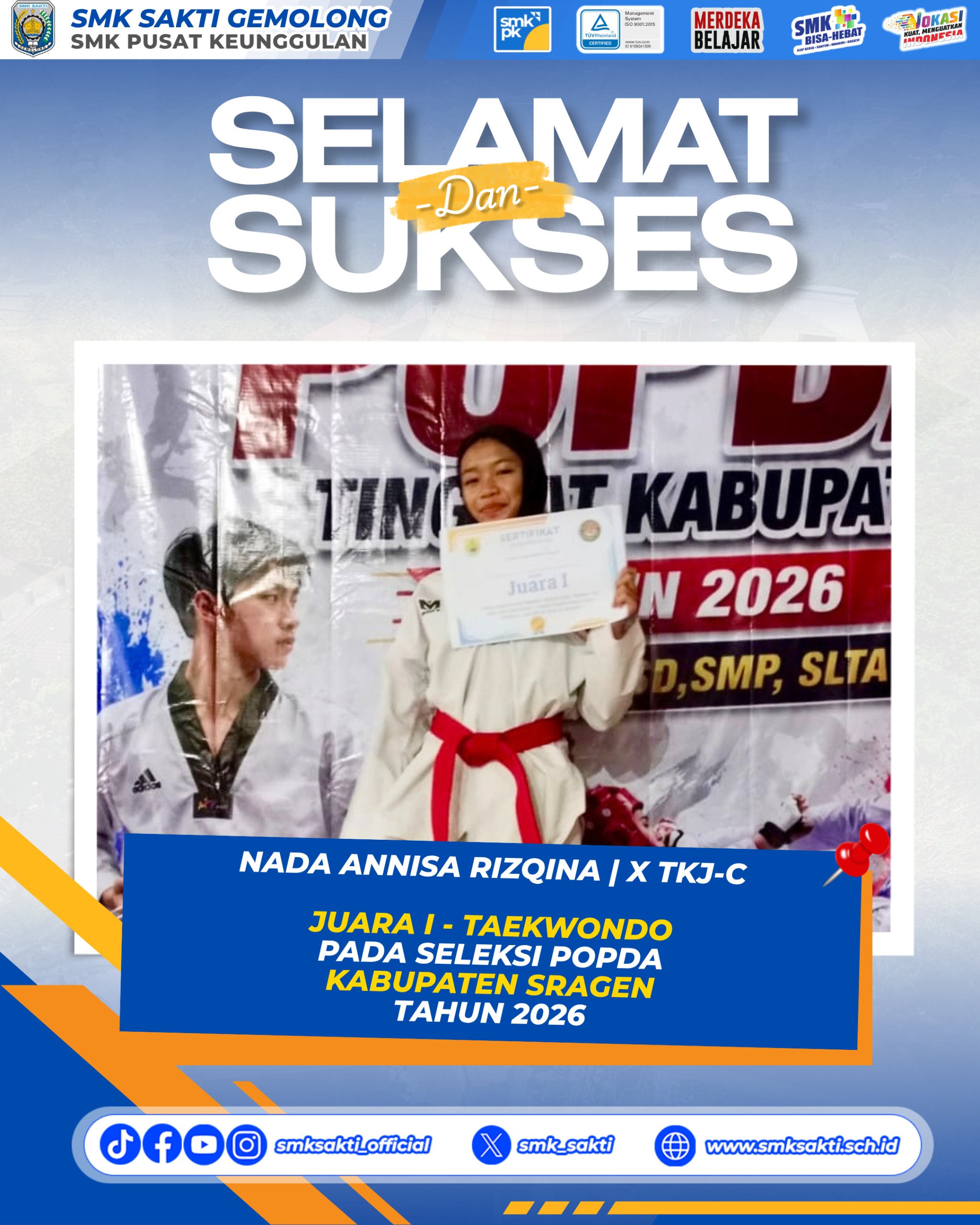 Siswi SMK Sakti Gemolong Raih Juara 1 Taekwondo pada Seleksi POPDA Kabupaten Sragen 2026